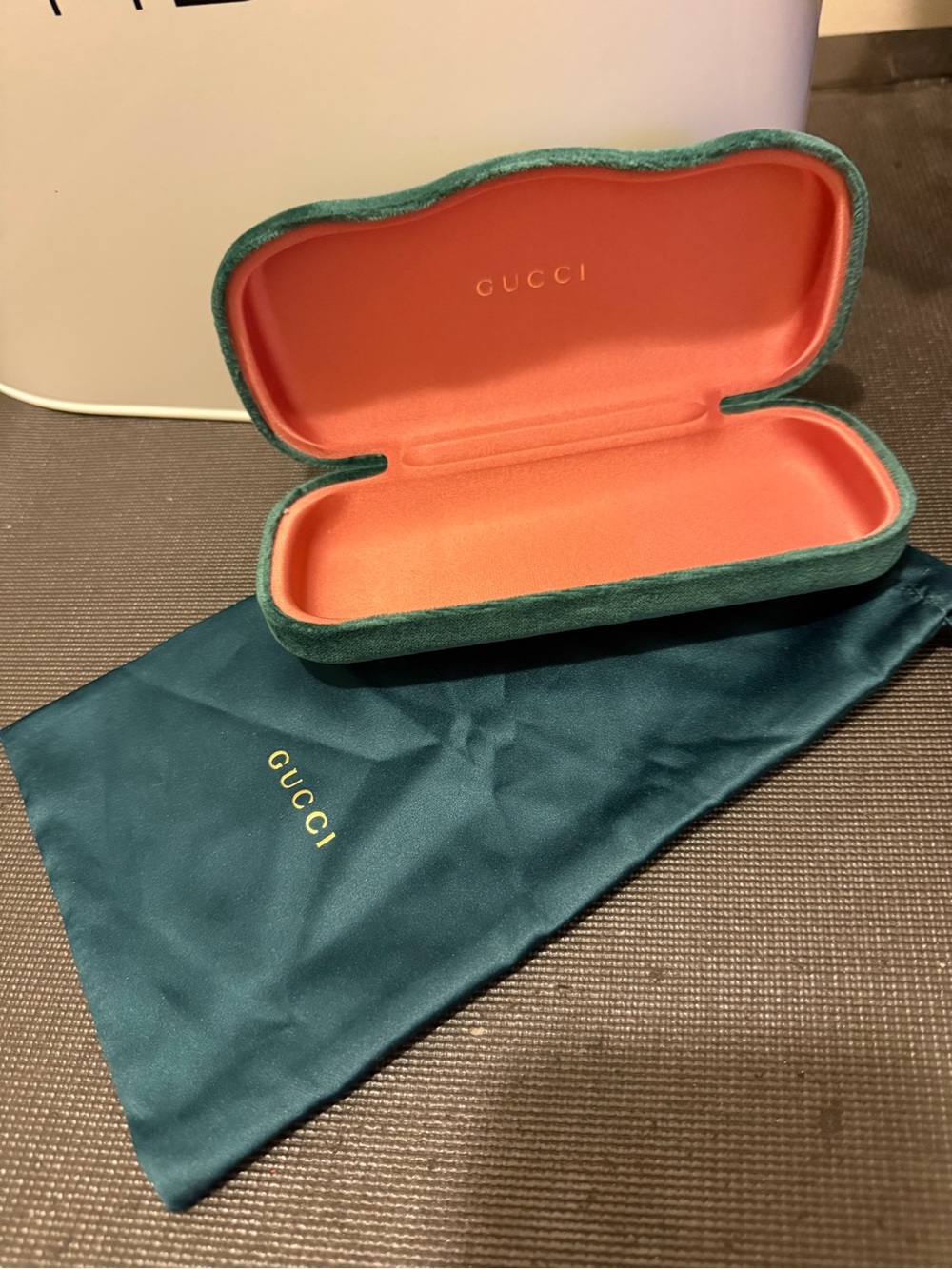 Gucci Teal Velvet Eyewear Case with Coral Interior